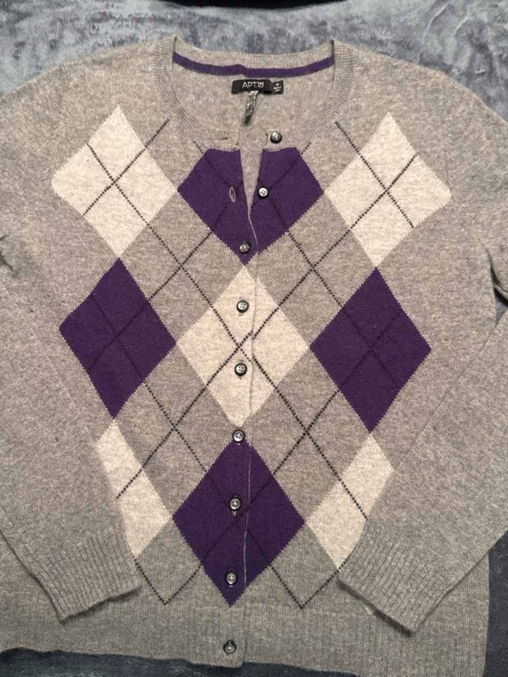 Apt. 9 Gray, Purple and Cream Argyle Button Cardigan cashmere
